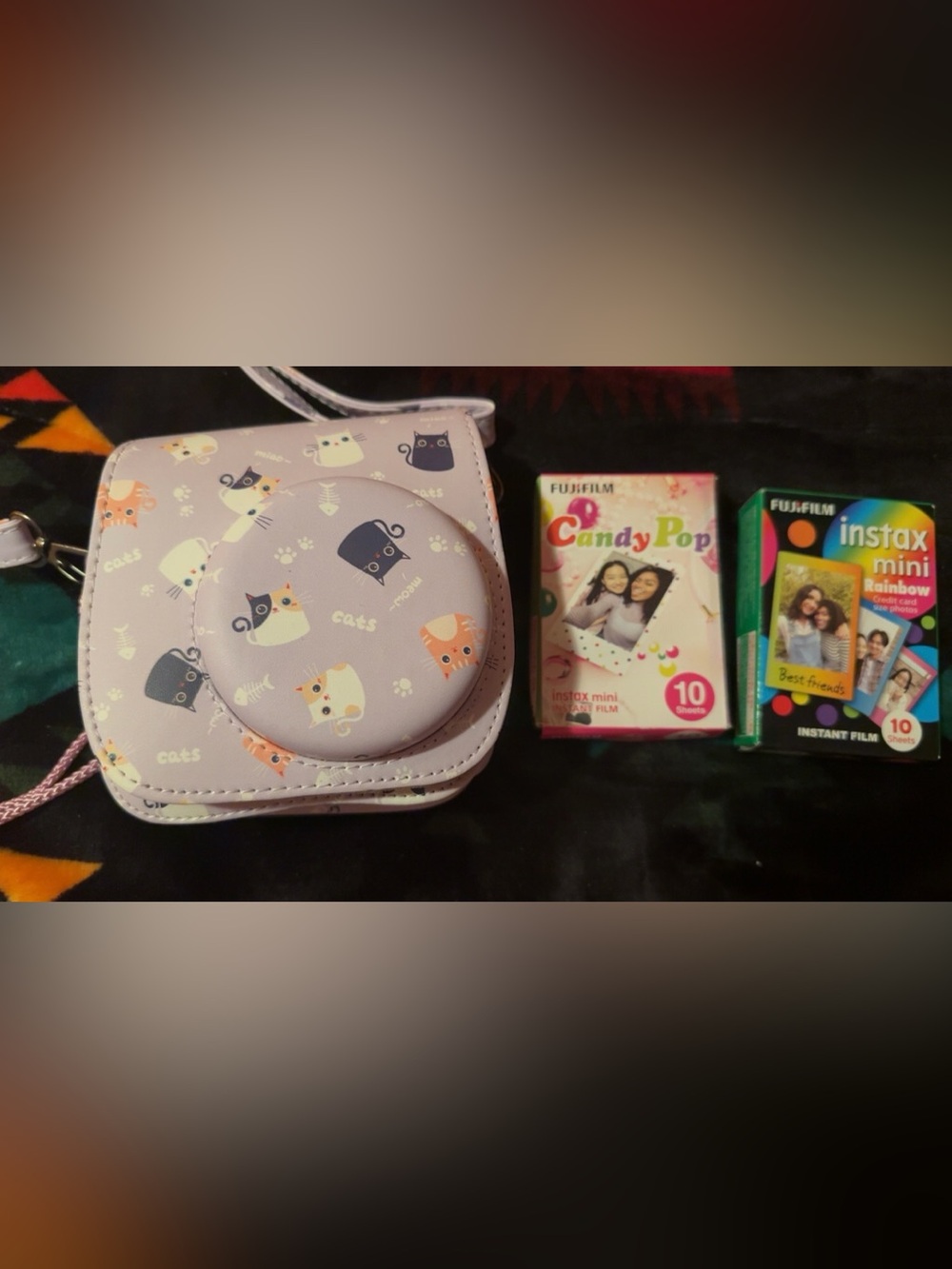 Instax Lavender Cat Print Instant Camera Case with Strap